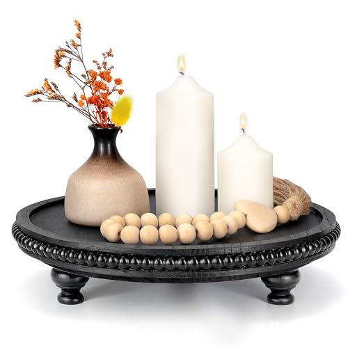 EOSAHR Wood Round Display Riser with Beaded for Modern Home Decor, Black | Pine Wood, 11.2" Farmhouse Display Riser, Plant Stand & Sponge Holder, Kitchen Organizer for Coffee Table, Ideal Boho Decor - color: Black