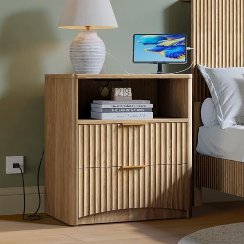 Evermagin Fluted Nightstand with Charging Station, Natural Oak Bedside Table with 2 Drawers, Wood End Table with Storage Mid Century Modern, Large Night Stand for Bedroom - color: Natural Oak, size: 2 Drawers (With Charging Station)