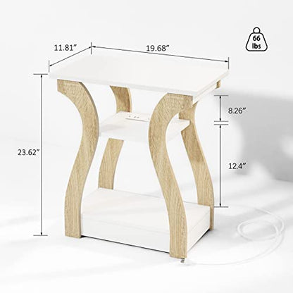 FROMJBEST End Tables Living Room, End Table with Charging Station,White&Oak | Side Table Living Room, with USB Ports and Outlets, Nightstand for Bedroom, 3-Tier Storage Shelf, Bedside Table - color: White+oak
