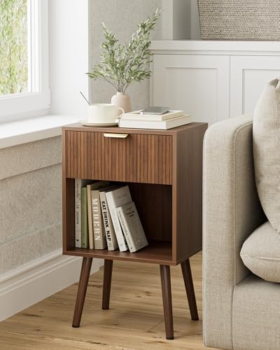 Fluted Nightstand, Modern Bedside Table with Storage Drawer, Wood Night Stand Side End Table for Bedroom, Living Room, Office (Walnut) - color: Walnut
