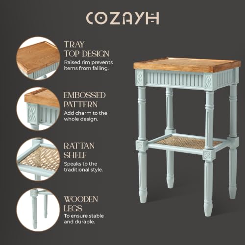 COZAYH End Table - Rustic Farmhouse Accent Table - Tray Top, Pale Mint Blue | Engineered Wood, 17 x 13 x 28.25 in, 35 lb Capacity, Rectangular Shape, Distressed Finish, Wicker Shelf, No Assembly Required - color: Mint, size: 1-Pack