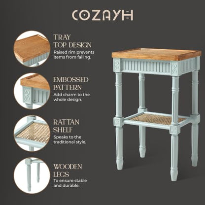 COZAYH End Table - Rustic Farmhouse Accent Table - Tray Top, Pale Mint Blue | Engineered Wood, 17 x 13 x 28.25 in, 35 lb Capacity, Rectangular Shape, Distressed Finish, Wicker Shelf, No Assembly Required - color: Mint, size: 1-Pack