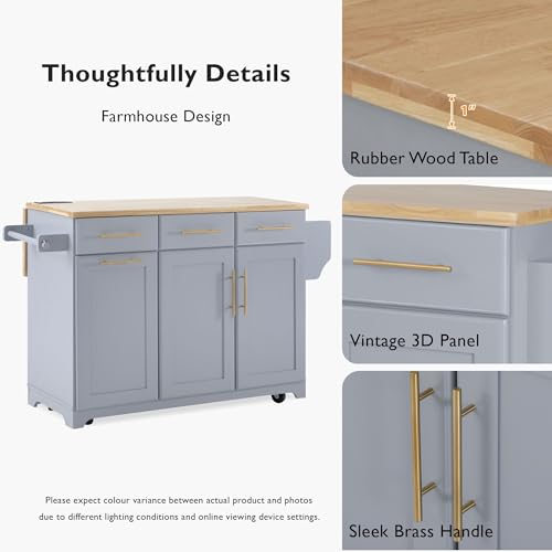 Kitchen Island with Trash Can Storage Cabinet and Power Outlet, Rolling Kitchen Cart on Wheels with Drop Leaf, Spice Rack, Towel Rack and Adjustable Shelf for Dining Room (60", Grey Blue) - color: Grey Blue