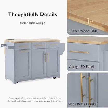 Kitchen Island with Trash Can Storage Cabinet and Power Outlet, Rolling Kitchen Cart on Wheels with Drop Leaf, Spice Rack, Towel Rack and Adjustable Shelf for Dining Room (60", Grey Blue) - color: Grey Blue