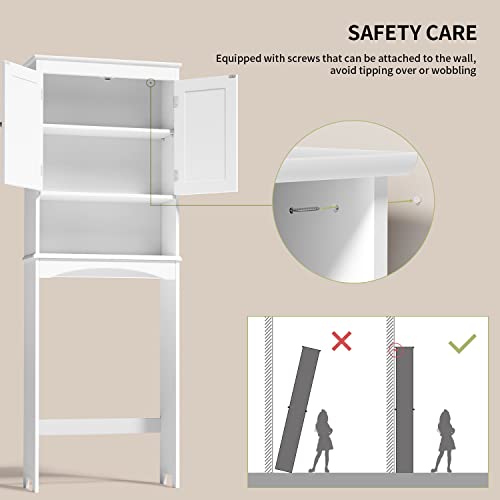 Gizoon Over the Toilet Storage Cabinet with Adjustable Shelf, White | Bathroom Space Saver Organizer Above Toilet with Open Shelf and Double Doors, Taller Wooden Free Standing Toilet Rack - color: White