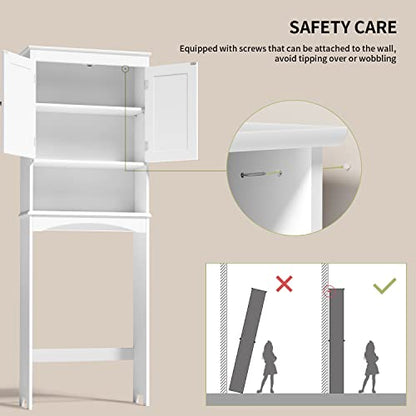 Gizoon Over the Toilet Storage Cabinet with Adjustable Shelf, White | Bathroom Space Saver Organizer Above Toilet with Open Shelf and Double Doors, Taller Wooden Free Standing Toilet Rack - color: White