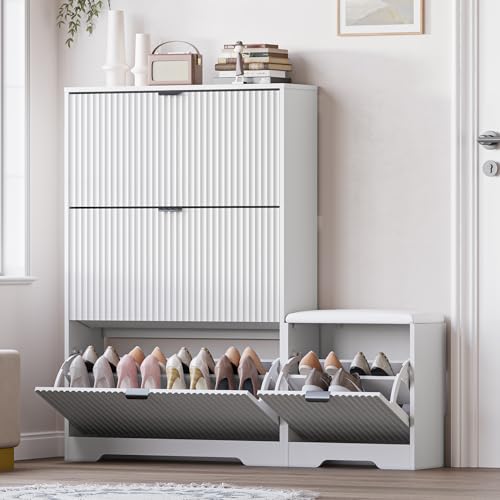 BORNOON Slim Shoe Cabinet with Bench for Entryway, Hidden Storage and Adjustable Shelves, Free Standing Wooden Shoes Organizer for Foyer, Hallway - color: White, size: 3-Drawer with Bench