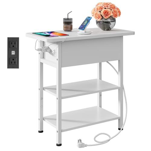 WLIVE 3-Tier End Table with Charging Station, Flip Top Side Table with Storage Shelf, Sofa Couch Table with USB Ports and Outlets, Narrow Bedside Table for Living Room, Bedroom - color: White
