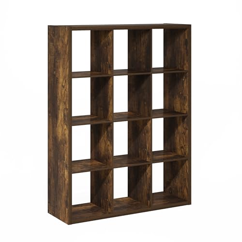 Furinno Cubicle Book Shelf, 12-Cube Bookshelf, Extra Thick Frame Reversible Bookcase with Open Back, 14.6" x 44" x 58", for Living Room, Bedroom, Home Office, Amber Pine - color: Amber Pine, size: 12-Cube,1.2In