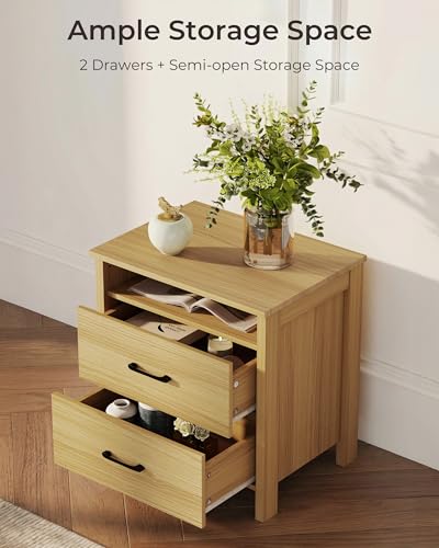 Farmhouse Nightstand with 2 Drawers, Rustic Wooden Nightstand with Bedside Table, Side End Table with Open Shelf for Bedroom, Natural - color: Natural, size: 1 Piece
