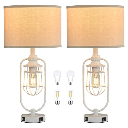 Farmhouse Table Lamps for Living Room Set of 2, Lamps for Night Stands Set of 2, Industrial Bedside Lamps for Bedroom Nightstand with USB A+C, Bulbs Included - color: White