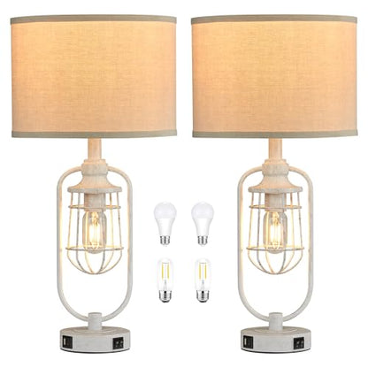 Farmhouse Table Lamps for Living Room Set of 2, Lamps for Night Stands Set of 2, Industrial Bedside Lamps for Bedroom Nightstand with USB A+C, Bulbs Included - color: White