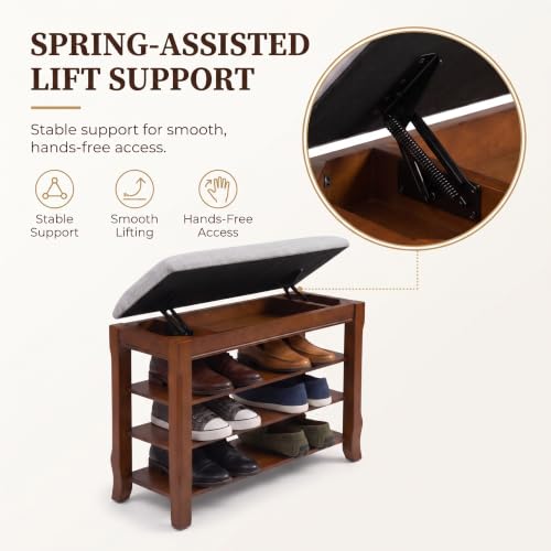 Solid Wood Shoe Bench with Storage, Flip-Top Soft-Close Lid, Adjustable Shelves, Cushioned Entryway Shoe Rack Organizer, 23.6" - size: 23.6"