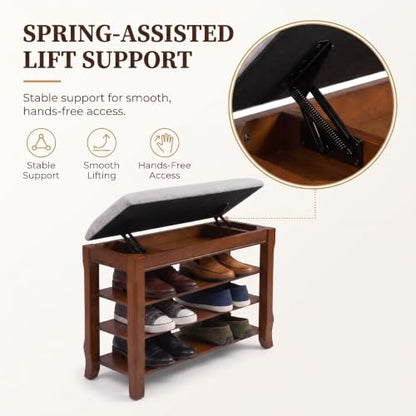 Solid Wood Shoe Bench with Storage, Flip-Top Soft-Close Lid, Adjustable Shelves, Cushioned Entryway Shoe Rack Organizer, 23.6" - size: 23.6"