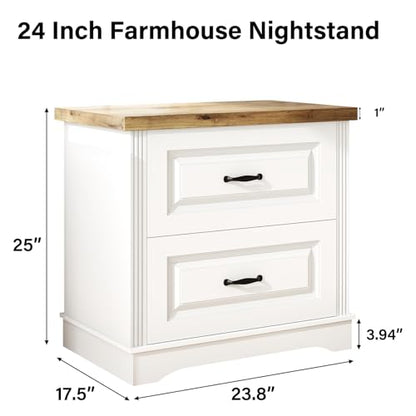 Catrimown 24" Wide Farmhouse Nightstand, Large End Table with 2 Drawers, Side Table Chest of Drawers Cabinet, Night Stand for Bedroom, Living Room, White - color: White