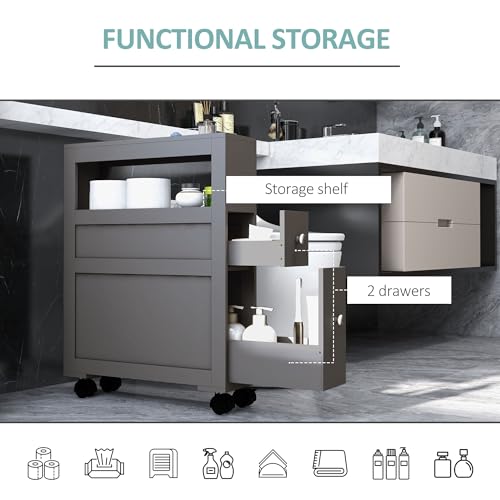 HOMCOM 6.25" x 20.5" x 28.25" Wood Rolling Narrow Bathroom Side Storage Cabinet - Gray - color: Grey