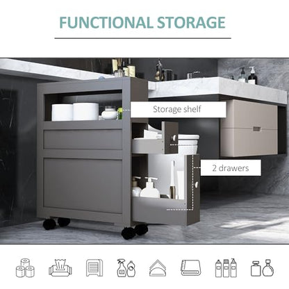 HOMCOM 6.25" x 20.5" x 28.25" Wood Rolling Narrow Bathroom Side Storage Cabinet - Gray - color: Grey
