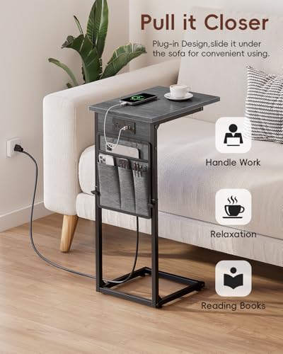 C-Shaped End Tables Set of 2 with Charging Station, 33'' Tall C Table Adjustable Height Side Table for Couch, Small Couch Table that Slide Under Sofa, TV Trays for Living Room, Gray Walnut - color: 2pc Gray Walnut, style: With Plug