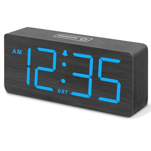 DreamSky Wooden Digital Alarm Clock for Bedroom with Large Numbers | Desk Clocks for Living Room, Dimmer, Loud Alarm for Heavy Sleepers with Volume Control, DST, Office Wood Decor (Plug-in) - color: Blue (Plug-in)