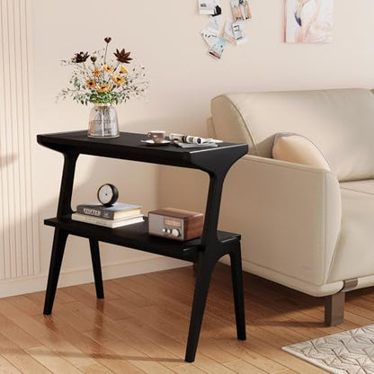 Solid Wood End Table, 2-Tier Side Table with Storage Shelf, Wooden Modern Accent Slim Bedside Table for Sofa, Living Room, Bedroom, Small Space, Easy Assembly, Black - color: Black
