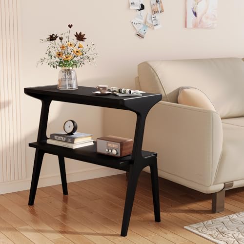 Solid Wood End Table, 2-Tier Side Table with Storage Shelf, Wooden Modern Accent Slim Bedside Table for Sofa, Living Room, Bedroom, Small Space, Easy Assembly, Black - color: Black
