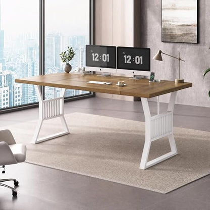 Garvee Modern Computer Desk, 70.8 Inch Home Office Work Desk,Farmhouse Gaming Writing Work from Home Study Desk,Sturdy Metal Frame for Bedroom,Home Office - color: Walnut + White Leg