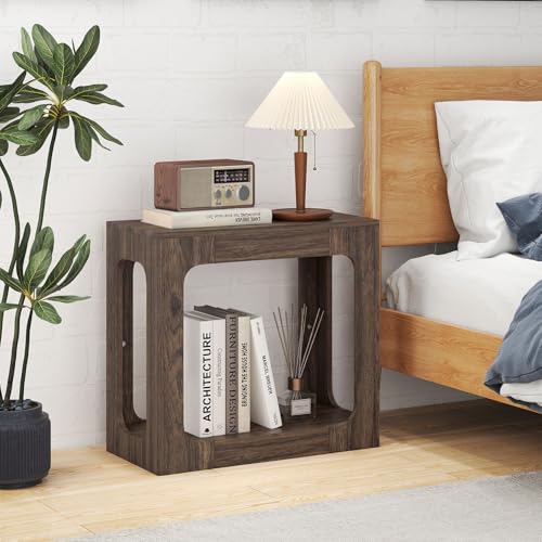 GOFLAME Narrow End Table Set of 2, Farmhouse Wood Sofa Side Table 2-Tier with Storage Shelf, Arched Rustic Small Accent Tables, Rectangular Compact Night Stand for Living Room, Bedroom, Brown - color: Brown