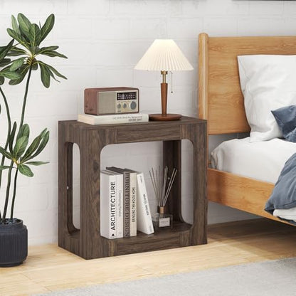 GOFLAME Narrow End Table Set of 2, Farmhouse Wood Sofa Side Table 2-Tier with Storage Shelf, Arched Rustic Small Accent Tables, Rectangular Compact Night Stand for Living Room, Bedroom, Brown - color: Brown