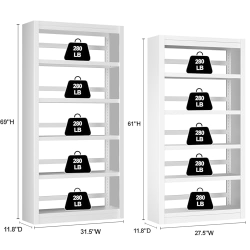 OSEILLC Bookcase, 5-Shelf Heavy Duty Metal Bookcase, Adjustable Bookshelf with Large Capacity, Book Shelf for Home Office, Living Room, Garage (White) - color: White, size: 69"H x 31.5"W