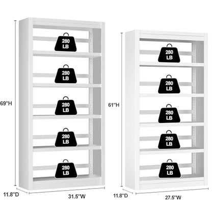 OSEILLC Bookcase, 5-Shelf Heavy Duty Metal Bookcase, Adjustable Bookshelf with Large Capacity, Book Shelf for Home Office, Living Room, Garage (White) - color: White, size: 69"H x 31.5"W