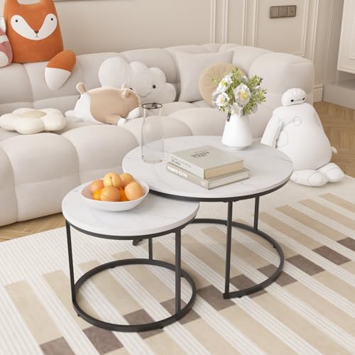 Nesting Coffee Table Set of 2 Round Side Tables, 27.6 Inch Marble Top Coffee Table with Metal Frame for Small Space, Living Room, Bedroom, Balcony & Apartment(White) - color: White