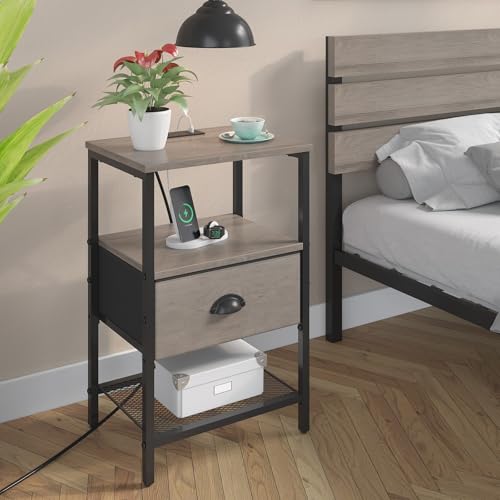 sthmec Nightstands Set of 2, Night Stands with Charging Station and Fabric Drawer, Grey Bedside Tables with Drawers, 2- Tier Side Table with Storage, Nightstands with Charging Station,Grey - color: Grey, style: Power