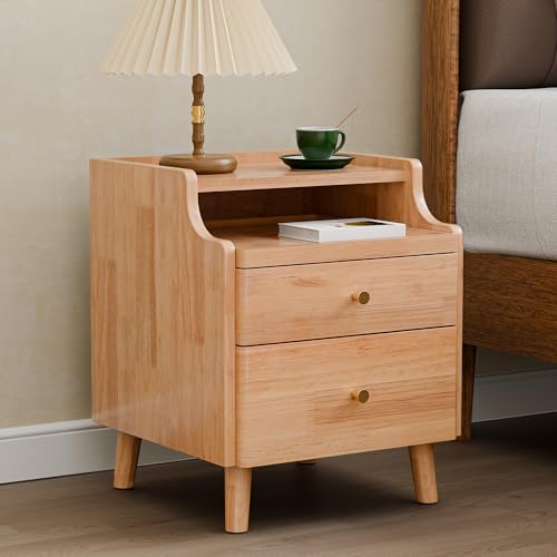 Nightstand with Drawers, Pre-Assembled, 19.7" H Natural Solid Wood Night Stand with Open Sliding Shelf, Mid Century Modern Small Bedside Table Cabinet for Bedroom, Natural Oak 16" - color: Oak, size: 16"