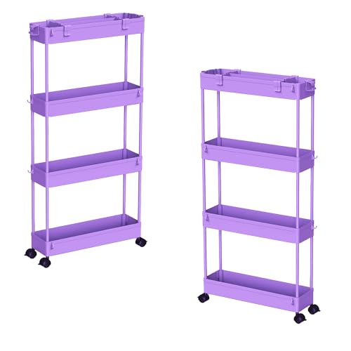 SPACELEAD 2-piece Set Slim Storage Cart 3 Tier,Bathroom Organizer Rolling Utility,Mobile Shelving Unit Slide Out for Office, Kitchen, Laundry Room & Narrow Places - color: Purple