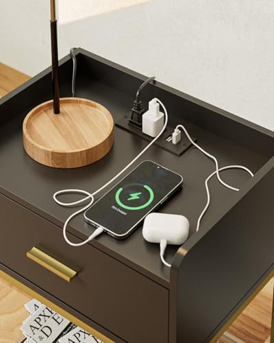 Nightstand with Charging Station,3-Tier Bedside Table for Small Space,Modern Night Stand with Storage Drawer and Shelf,Small Side Table for Bedroom,Living Room,Black - color: Black With Charging Station