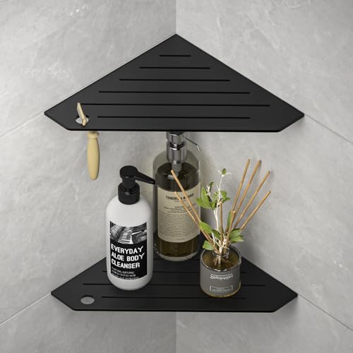 Corner Shower Shelves, Pentagonal Grout in Shelf | w/ Razor Holding Hole, 304 Stainless Steel Bathroom Shelf (Matte Black) - color: Matte Black