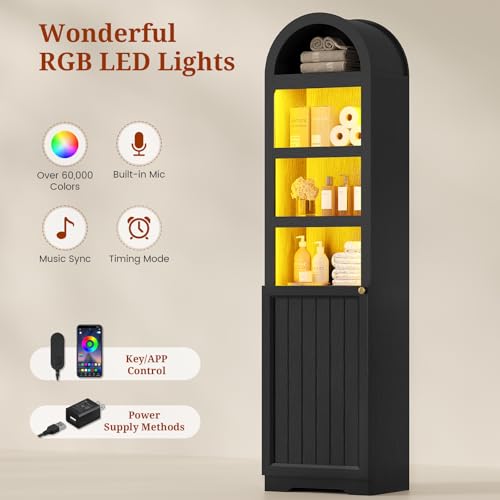 72" Tall Arched Narrow Bathroom Storage Cabinet with Lights, Slim Storage Cabinet with Adjustable Shelves for Small Spaces, Farmhouse Style (Black) - color: Black