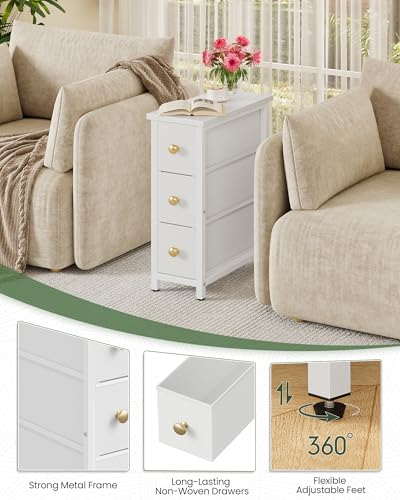CHOEZON Narrow Side Table with 3 Fabric Drawers, Industrial Slim Bedside Table for Small Spaces, Bedroom, Living Room, Dormitory, White TBZ09WB - color: White