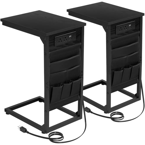 AMHANCIBLE C Shaped End Table with Charging Station, TV Trays, Set of 2 | Couch Side Tables That Slide Under Sofa for Eating, Side Table with Storage Bag, USB Ports, for Living Room, Bedroom, Black - color: Black