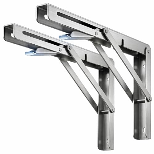 300 lb Heavy Duty Folding Shelf Brackets 8 Inch, 2 Pack Stainless Steel Folding Brackets with Easy-Release Tab, Collapsible Wall Mount Brackets for Laundry Table, Garage Workbench, RV, Outdoor - color: Stainless Steel, size: 8 Inch