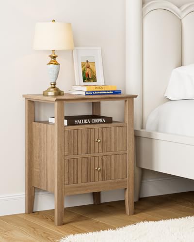 Fluted Nightstand, Farmhouse Night Stand with 2 Drawers, Mid Century Modern Side Accent Table,Bedside End Table for Bedroom, Living Room, Natural - color: Natural, size: 2 Drawers