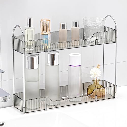 YCIA&DONE 2 Tiers Narrow Vanity Makeup Organizer, Bathroom Organizers Countertop Slim, Perfume Holder Skincare Storage Cosmetic Shelf Spice Rack, for Small Desktop Counter Space, Smoky Gray - color: Smoky Gray