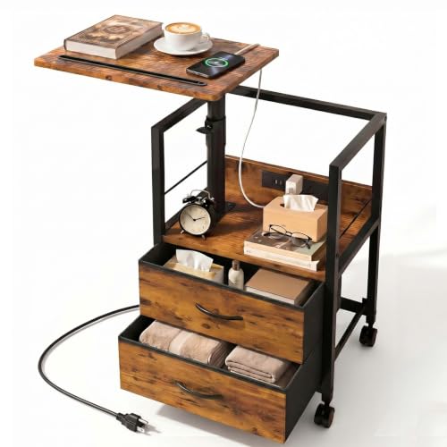 Faesun Swivel Lift Top Nightstand with Charging Station, Rolling Side Table for Recliner, Bedside Table with Wheels & 2 Fabric Drawers, for Small Spaces, for Bedroom, Living Room, Brown - color: 01 - Brown, size: 2 Drawers