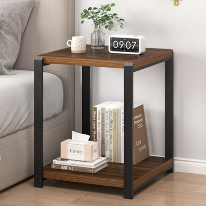 FOLUBAN Modern End Table, Square Side Table with Storage Shelf for Living Room, Rustic Wood Night Stand for Bedroom, Walnut - color: Walnut