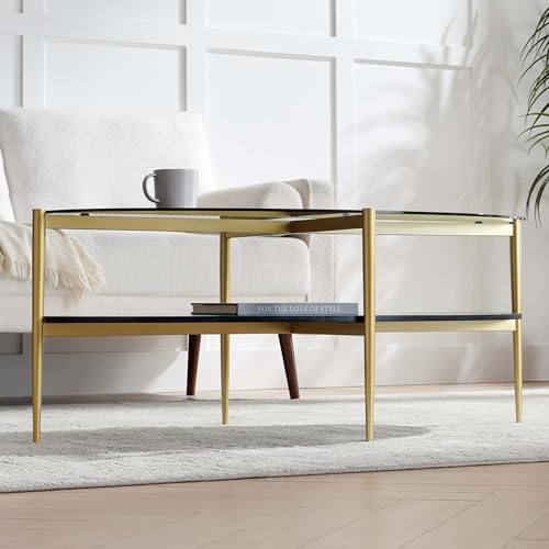 LumFurn Oval Glass Coffee Table, Mid-Century Modern Design, L43 x W22 x H17 inch, Surfboard Shaped Grey Glass Top and Black Marble Finish Wood Shelf, Tapered Legs with Gold Finish Frame - color: Grey & Black Marble, size: L43" Surfboard Coffee Table