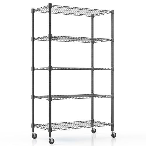 Himimi 5-Tier Heavy Duty Steel Wire Rack Storage Shelving, Adjustable Metal Storage Shelves with Wheels, 82''H Wire Shelf for Kitchen Garage Basement Pantry Organization, 18" D×36" W×82" H-Black - color: Black, size: 18"D×36"W×82"H, 5-Tier