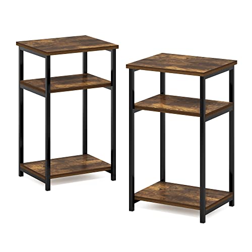 Furinno Just 3-Tier Metal Frame End Table with Storage Shelves, 2-Pack, Amber Pine - color: Amber Pine, size: 2-Pack, Metal Frame, 3-Tier