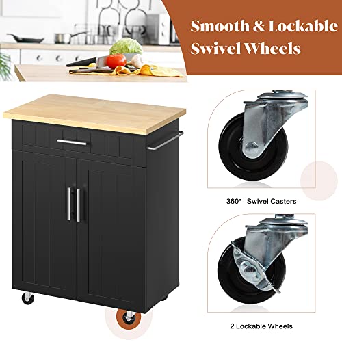 JY QAQA 26" Kitchen Island Cart on Wheels, Mobile Kitchen Storage Cabinet with Drawer & Shelves, Rolling Bar Cart with Towel Rack, Black