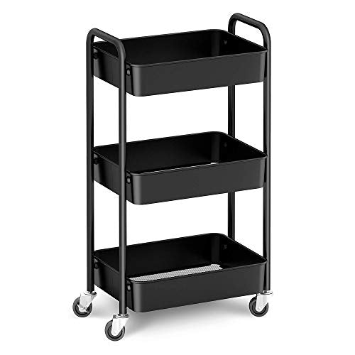 3-Tier Rolling Metal Storage Organizer - Mobile Utility Cart, Kitchen Cart with Caster Wheels (Black) - color: Black