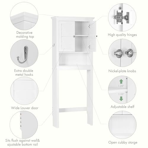 Spirich Over The Toilet Storage Cabinet with Louvered Doors & Hooks, White | Space-Saving Bathroom Organizer, Adjustable Shelf & Bottom Crossbar, 34.4-Inch Clearance, Anti-tip Device, FSC-Certified MDF - style: Louvered Door